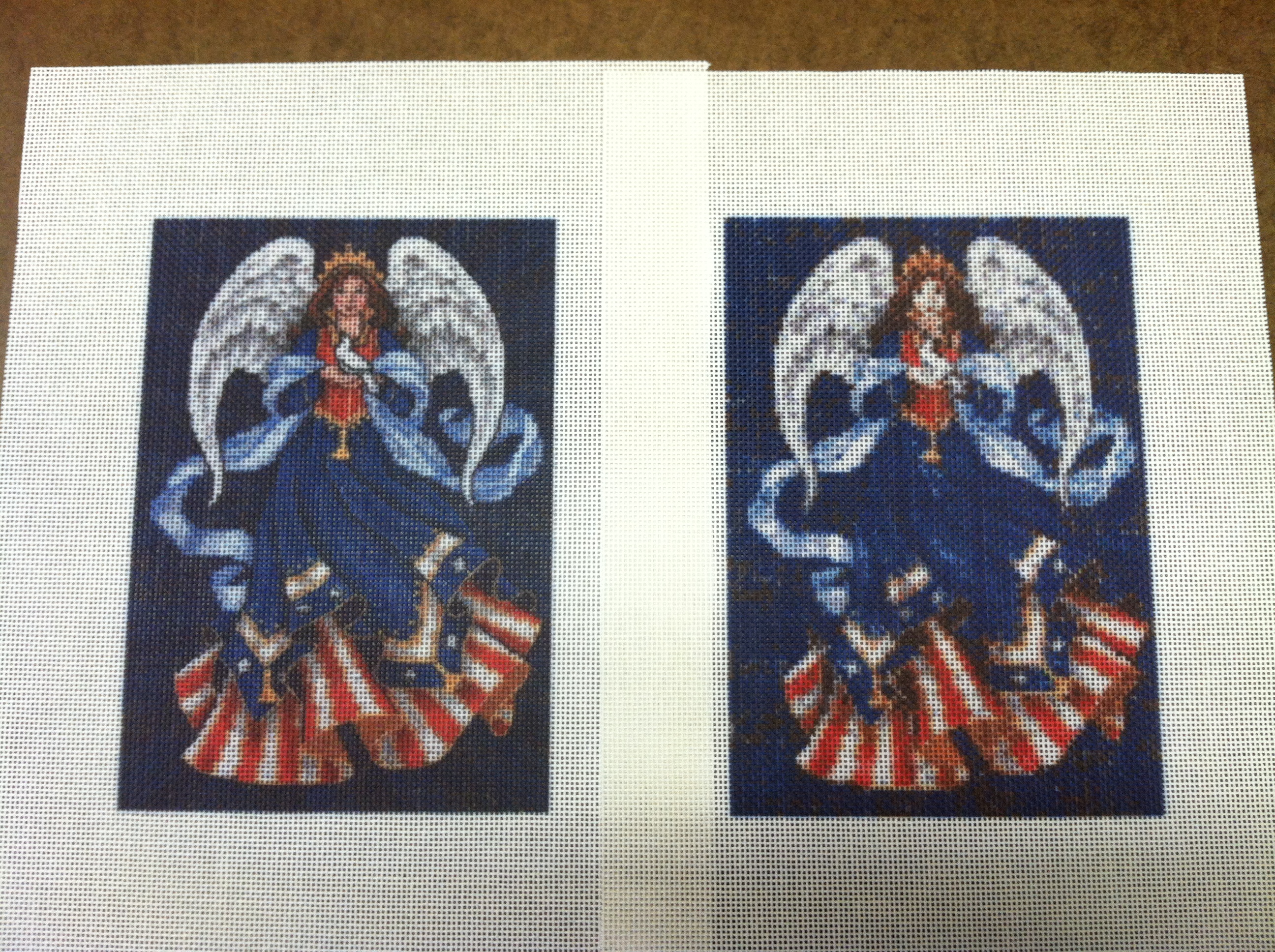 photo needlepoint on left vs stitch counted needlepoint on right