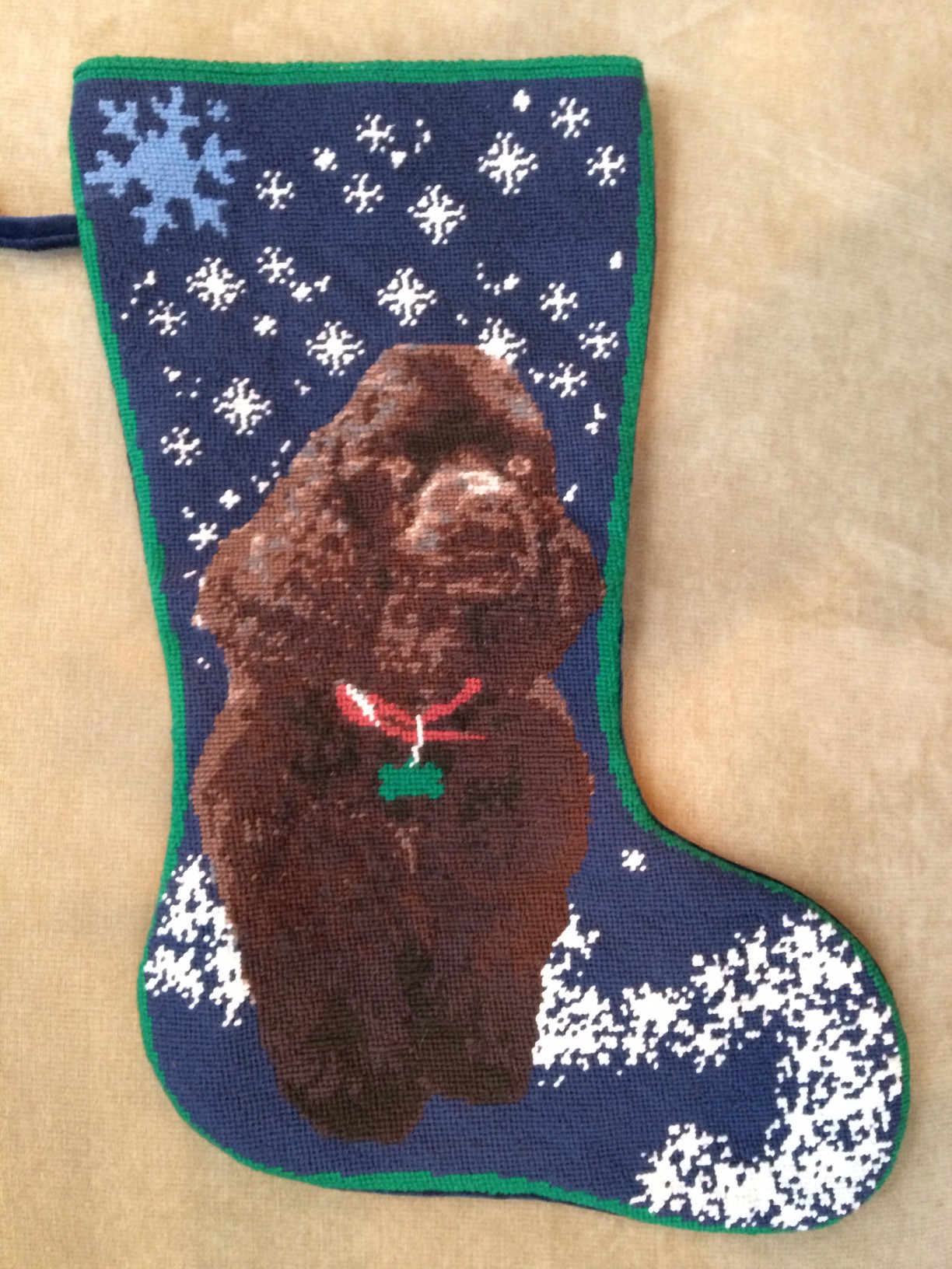 Custom Blue Snowy Needlepoint Stocking with Dog