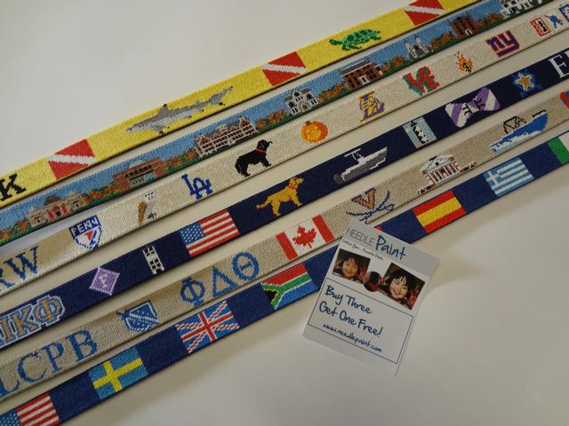 Scuba Diving, Country Flag, and Bowdoin College Needlepoint Belts