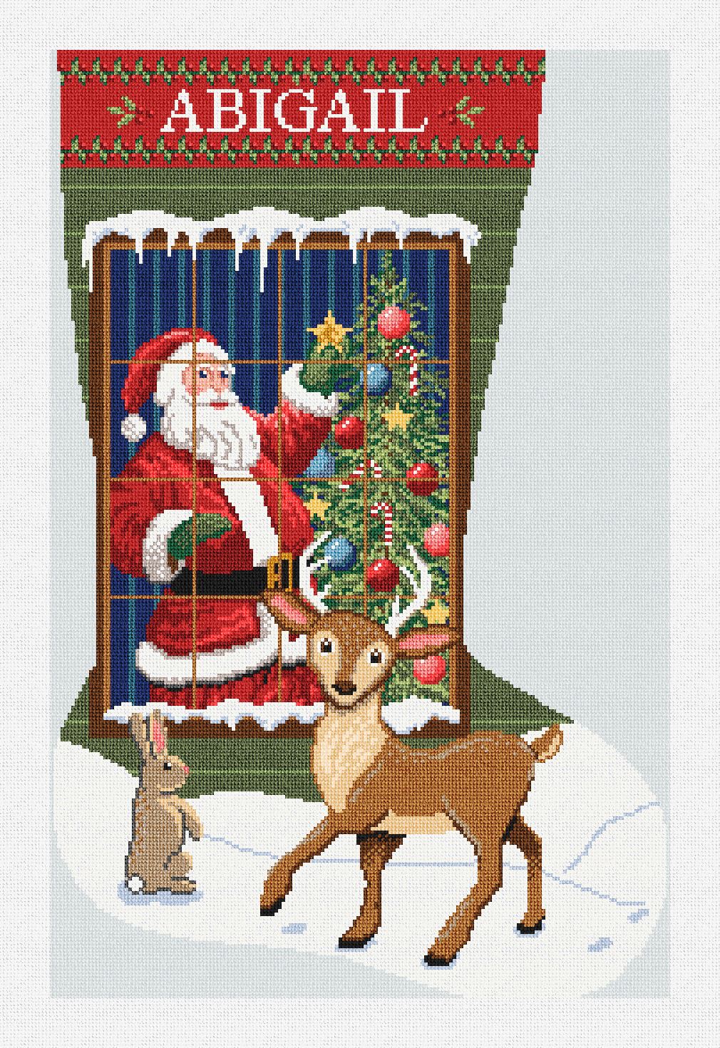 Folk Christmas Stocking Needlepoint Kit - Complete Needlepoint Kit / Dark Green