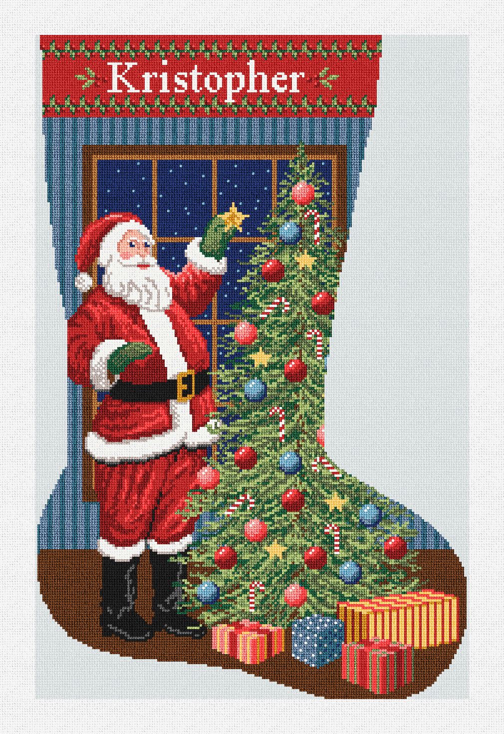 Folk Christmas Stocking Needlepoint Kit - Complete Needlepoint Kit / Dark Green